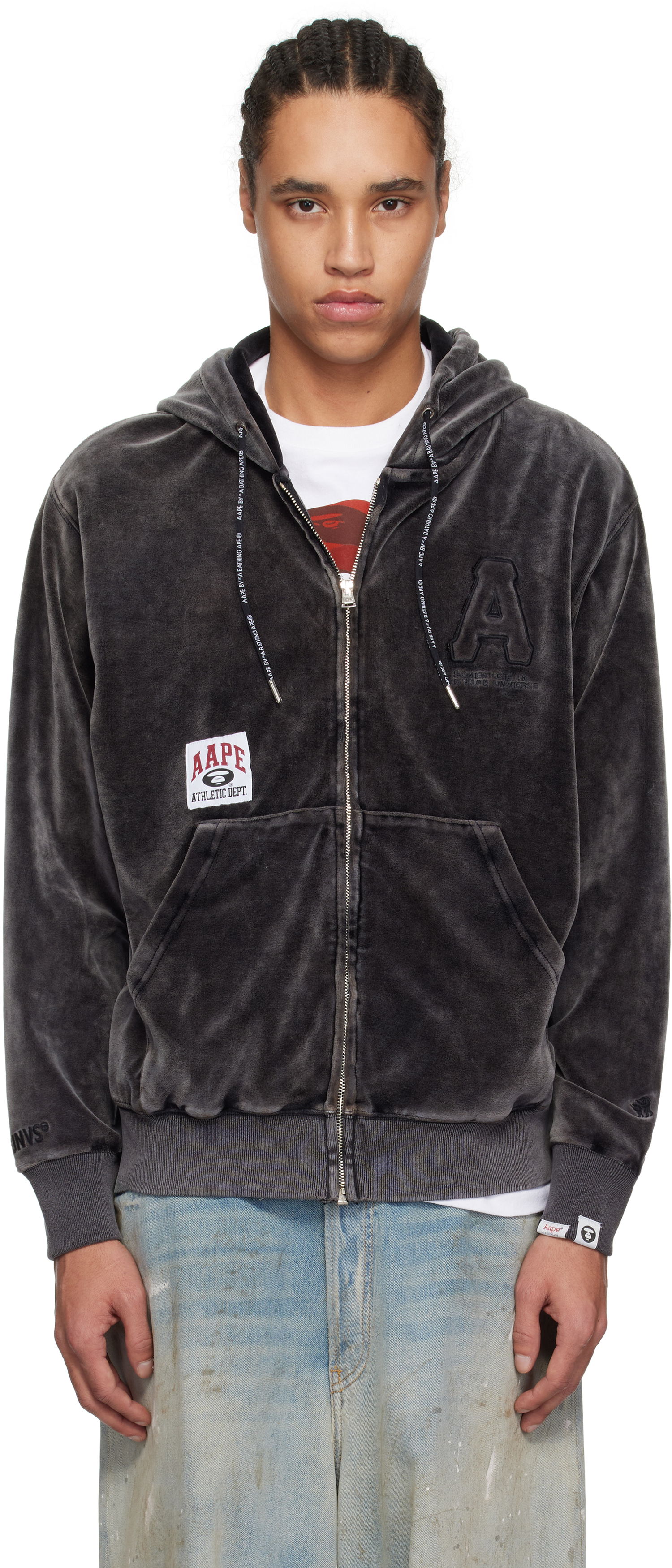 Mikina AAPE by A Bathing Ape AAPE by A Bathing Ape 'AAPE' Logo Velvet Zip-Up Hoodie Šedá | AAPSWMC339XXNBKL, 0
