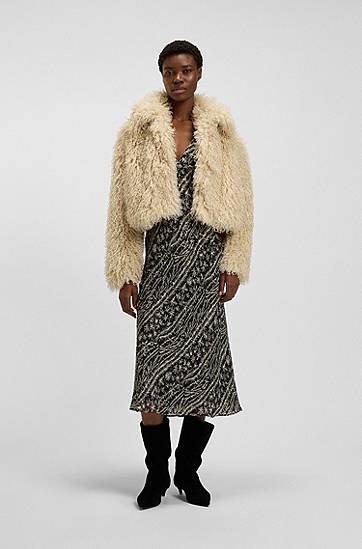 Bunda BOSS Cropped Mongolian Faux Fur Jacket Béžová | 50547960, 1