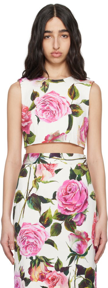 Crop Top Dolce & Gabbana Dolce&Gabbana Rose-Print Cotton Jacquard Crop Top Biela | F7AO5T FSRQJ, 0