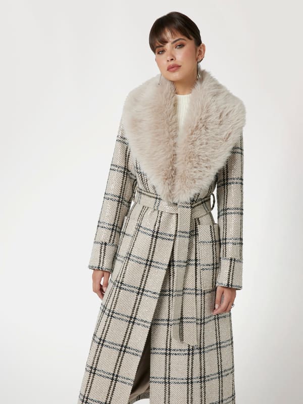 Wool Blend Check Coat with Faux Fur Collar