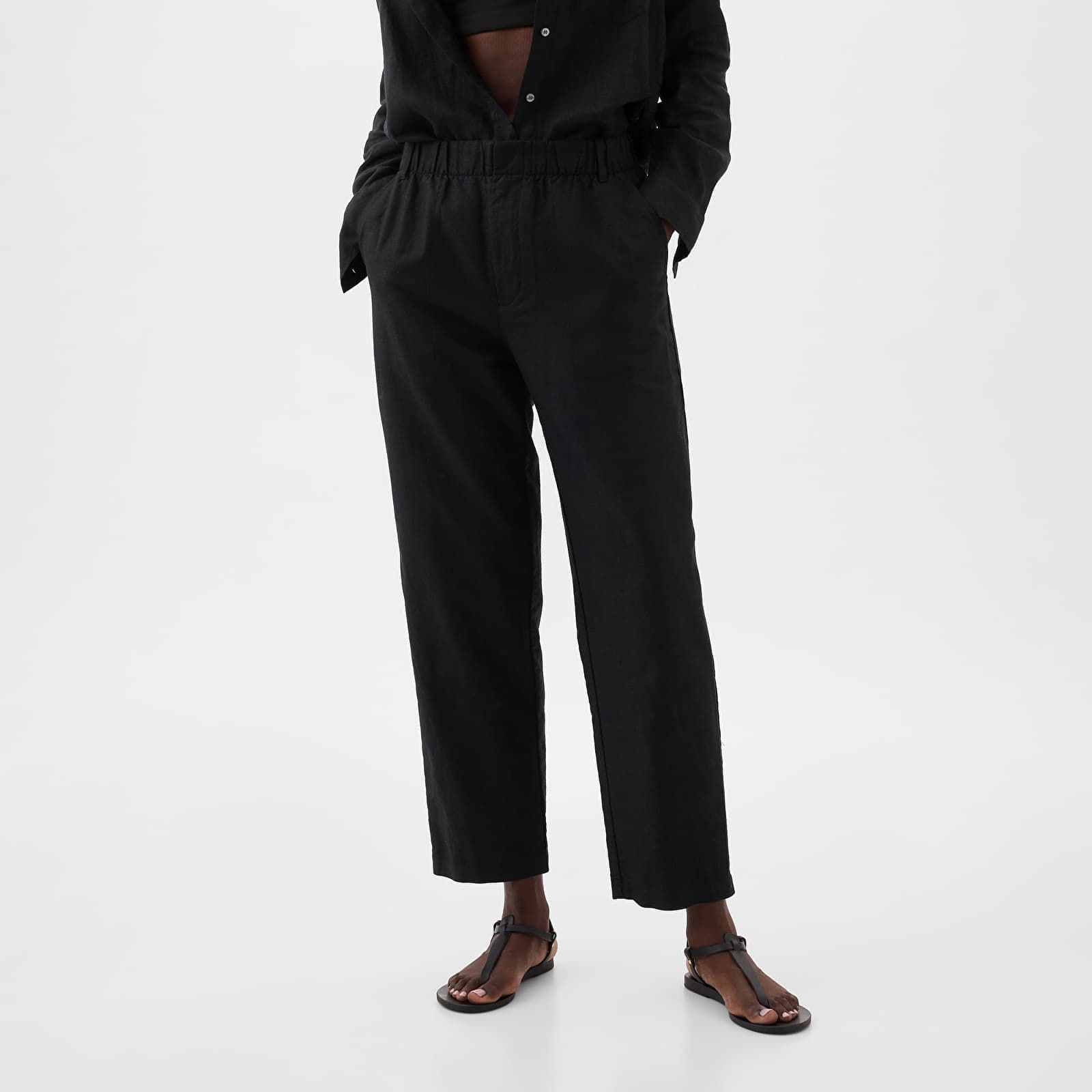 Linen Half E Waist Pull On Pants Black