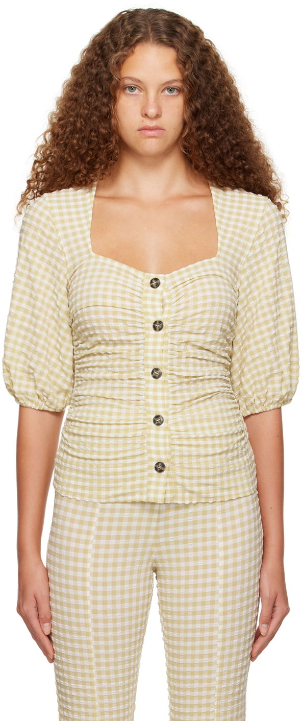 Košeľa GANNI GANNI Gingham Gathered Puff Sleeve Blouse Žltá | F7952, 0