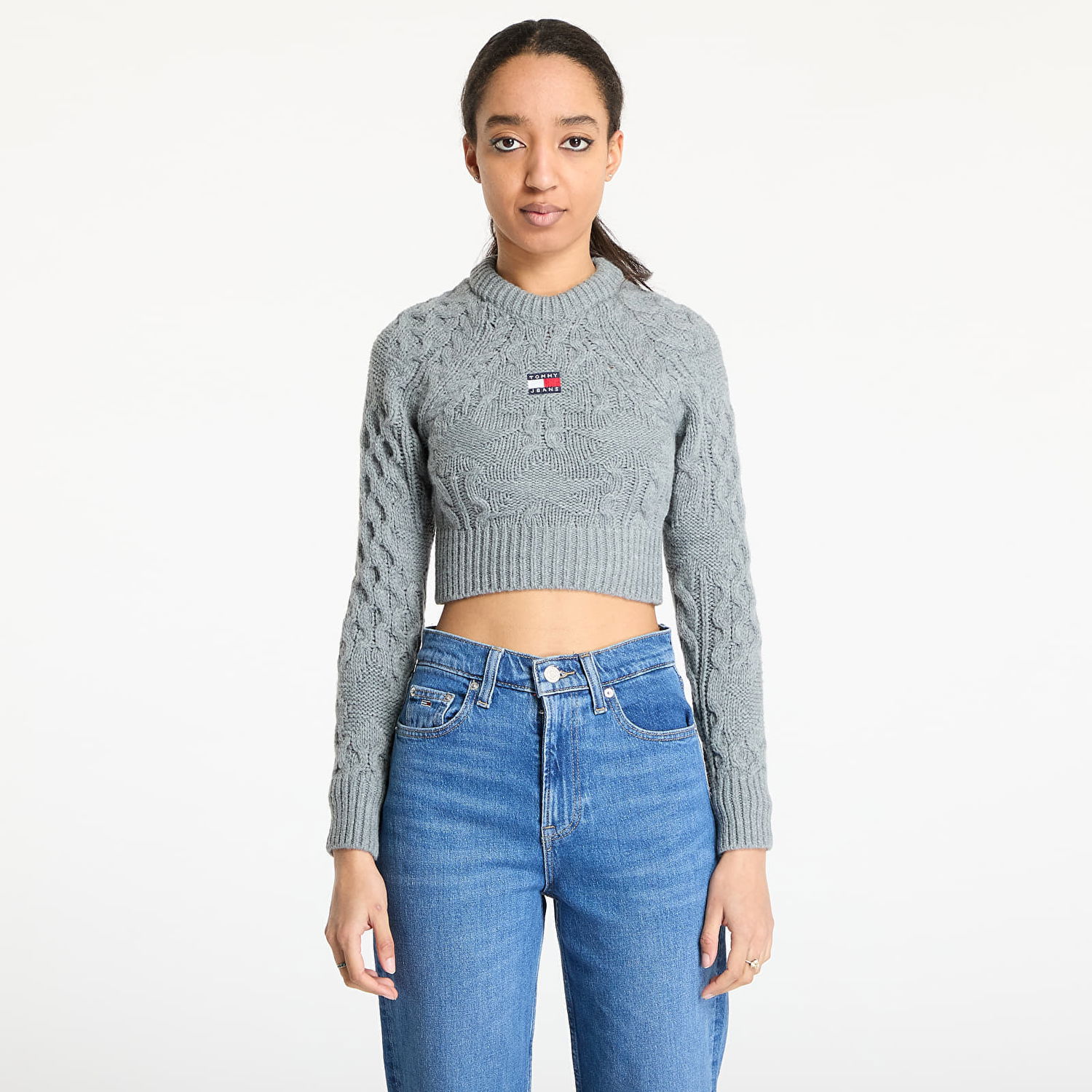 Sveter Tommy Hilfiger Tommy Jeans Badge Star Cable Cropped Sweater Šedá | DW0DW19882 P6N, 0
