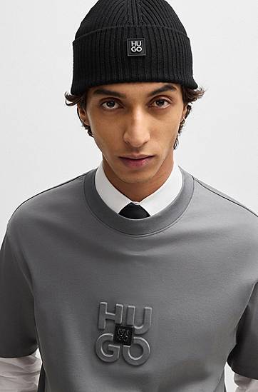 Kulicha BOSS HUGO Virgin-Wool Beanie Hat with Stacked Logo Čierna | 50527250, 1