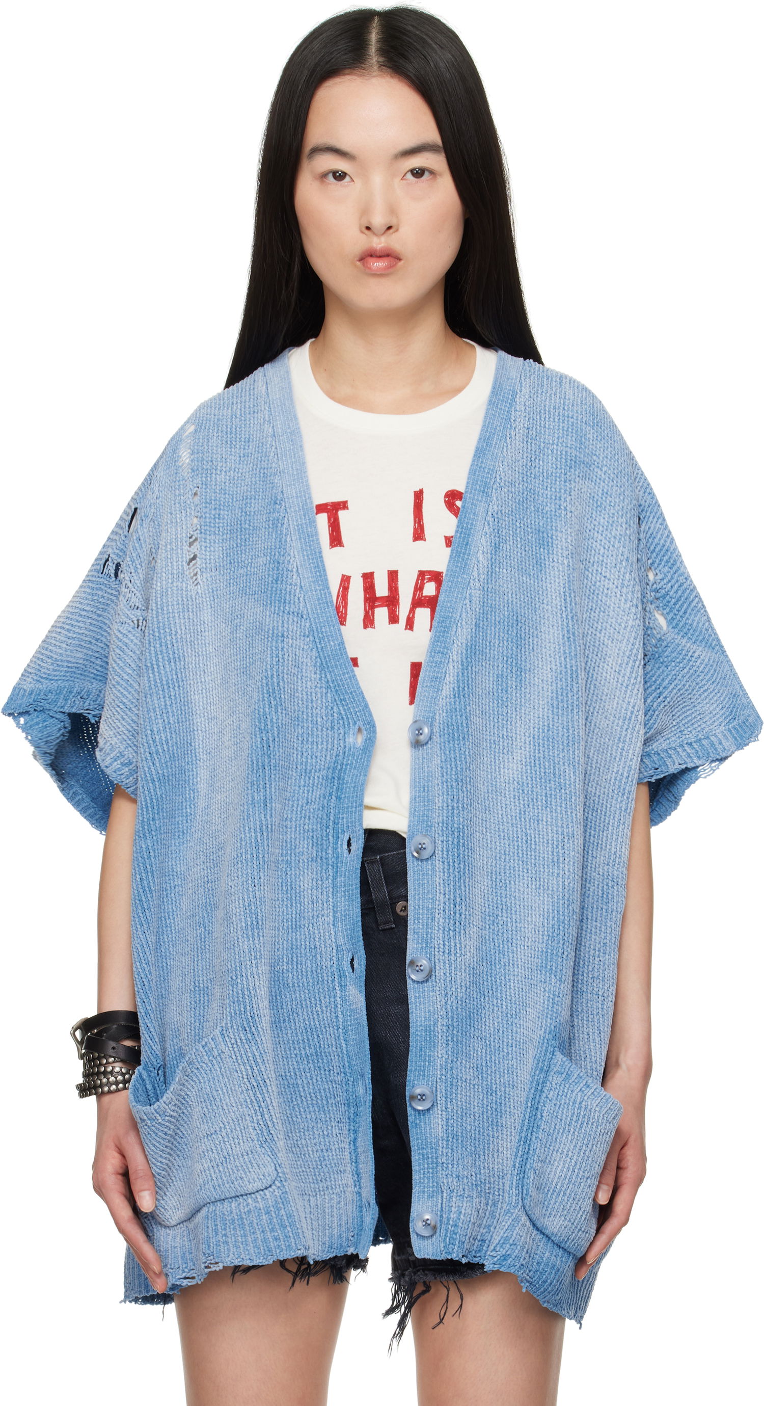 Sveter R13 R13 Distressed Boxy Cardigan Modrá | R13WY285-Y203B, 0