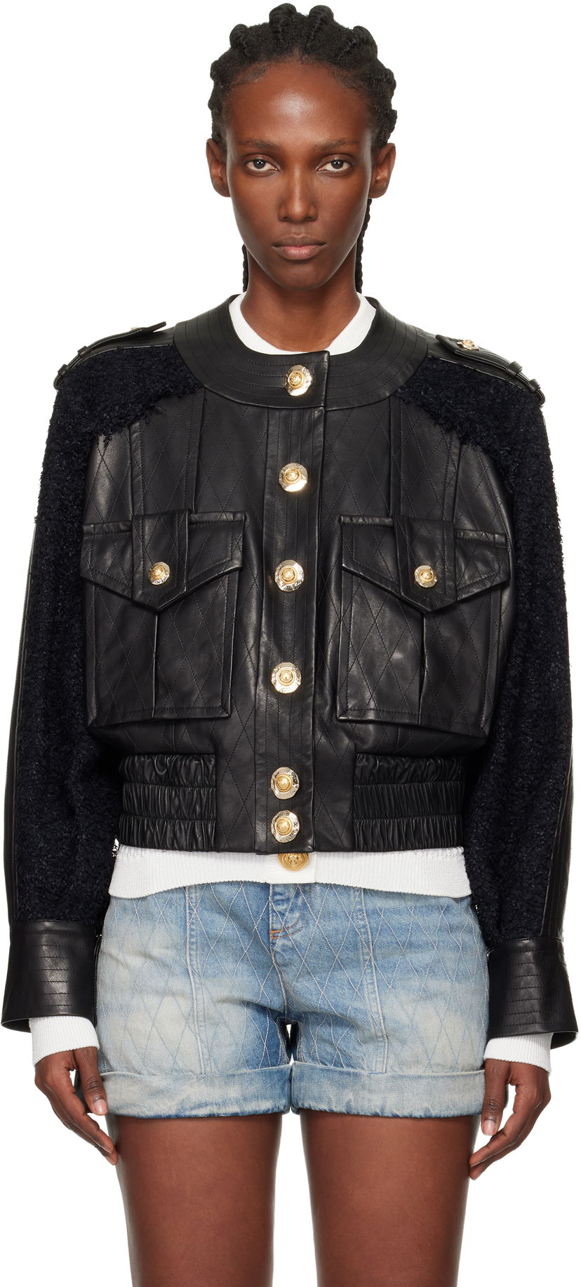 Bomber bunda Balmain Tweed & Quilted Leather Bomber Jacket Čierna | FF1TF500MH20