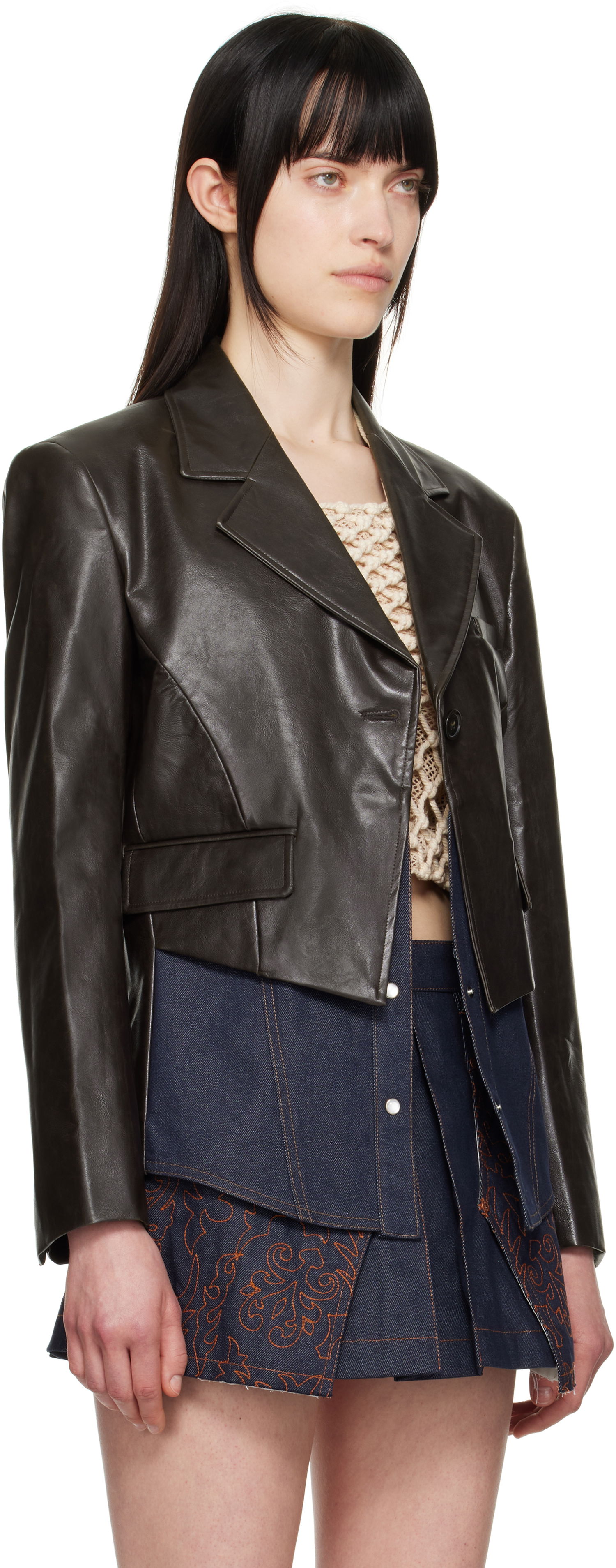 Bunda Andersson Bell Andersson Bell Hybrid Faux-Leather Cropped Blazer Hnedá | awa683w, 1