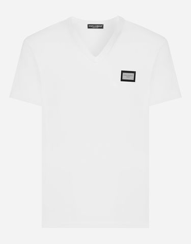 Tričko Dolce & Gabbana Cotton V-neck T-shirt With Branded Tag Biela | G8PT2TG7F2IW0800, 0