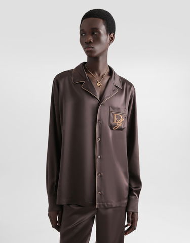 Košeľa Dolce & Gabbana Silk Shirt With Logo Embroidery Hnedá | G5IF1ZFU1AUM0937, 3