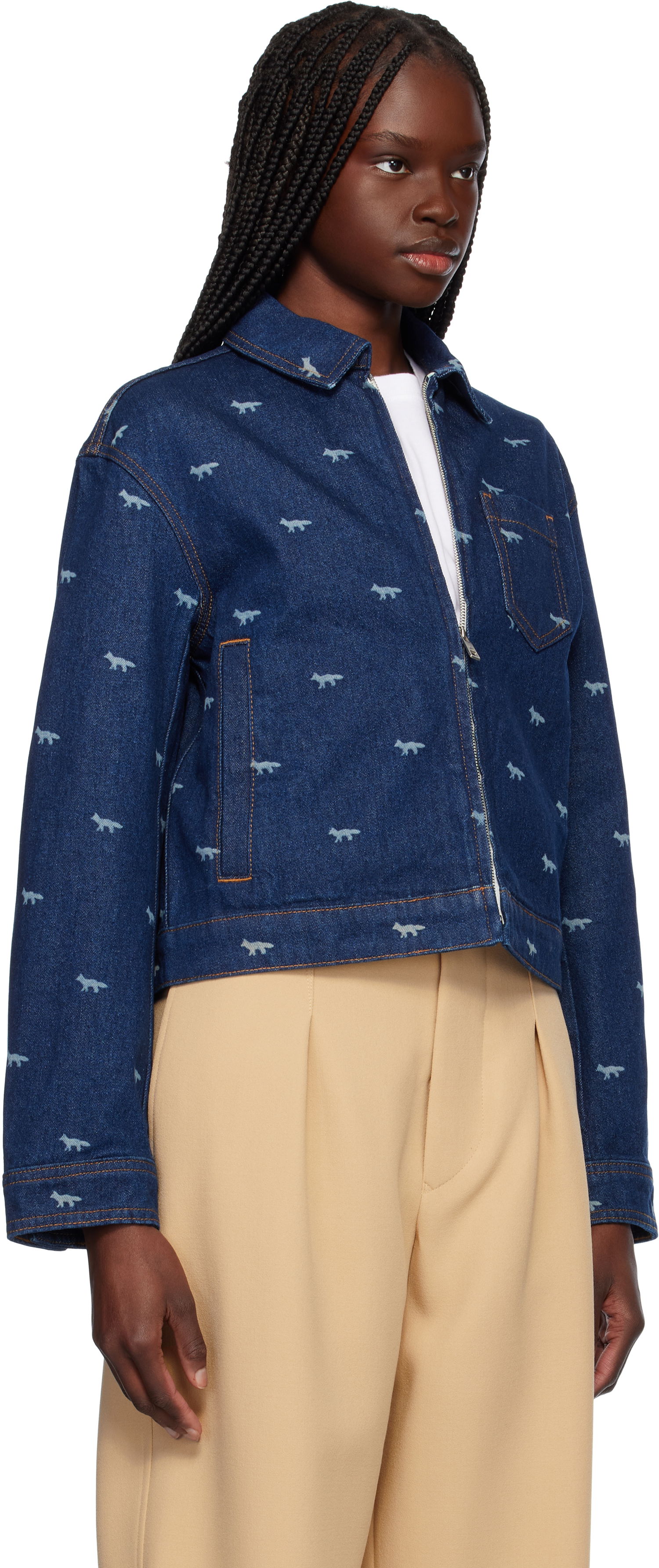 Bomber bunda MAISON KITSUNÉ Maison Kitsuné Zipped Cropped Denim Jacket Modrá | OW02104WD4014, 1