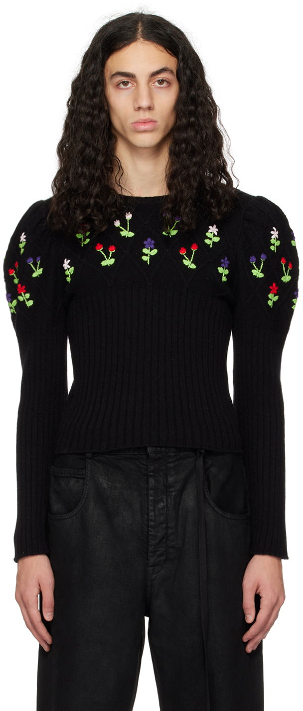 Sveter CORMIO Embroidered Puff Sleeve Sweater Čierna | OMA CREWNECK SUPERFINE WOOL, 0