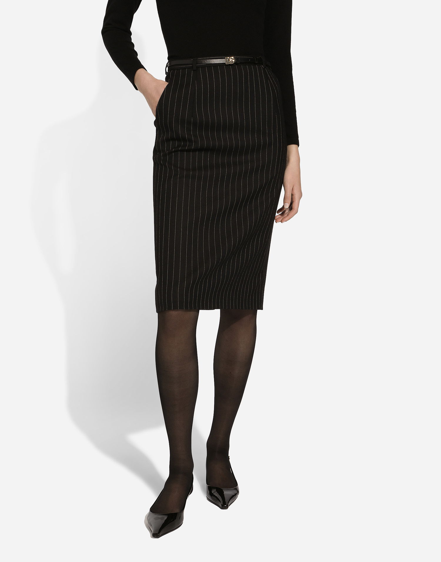 Sukňa Dolce & Gabbana Pinstripe Wool Calf-length Skirt Čierna | F4CXUTFR21XS8052_1, 1