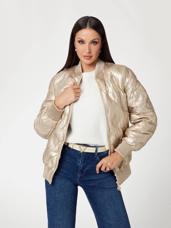 Prešívaná bunda GUESS Faux Leather Long Bomber Jacket Béžová | W4BL60WGB20, 0