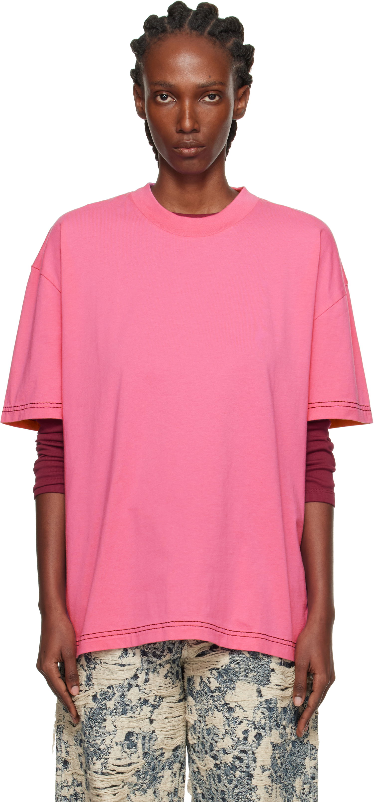 Tričko Acne Studios Oversized Crewneck T-shirt with Contrast Stitching Ružová | CL0388-, 0