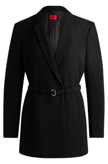 Bunda BOSS Seersucker Blazer with Buckled Belt Čierna | 50537559, 0