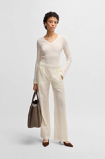 Sveter BOSS BOSS V-Neck Ribbed Jersey Top Béžová | 50532052, 1