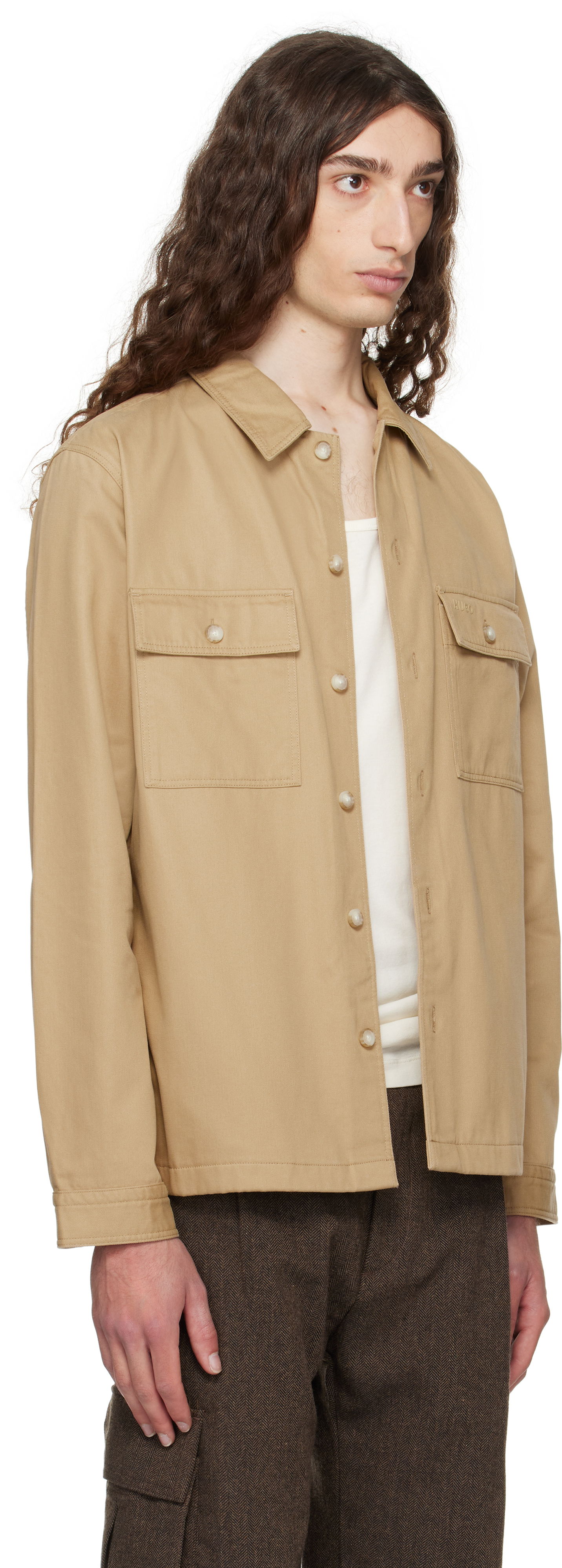 Košeľa BOSS Oversized-Fit Cotton Gabardine Shirt with Chest Pockets Béžová | 50545383, 1