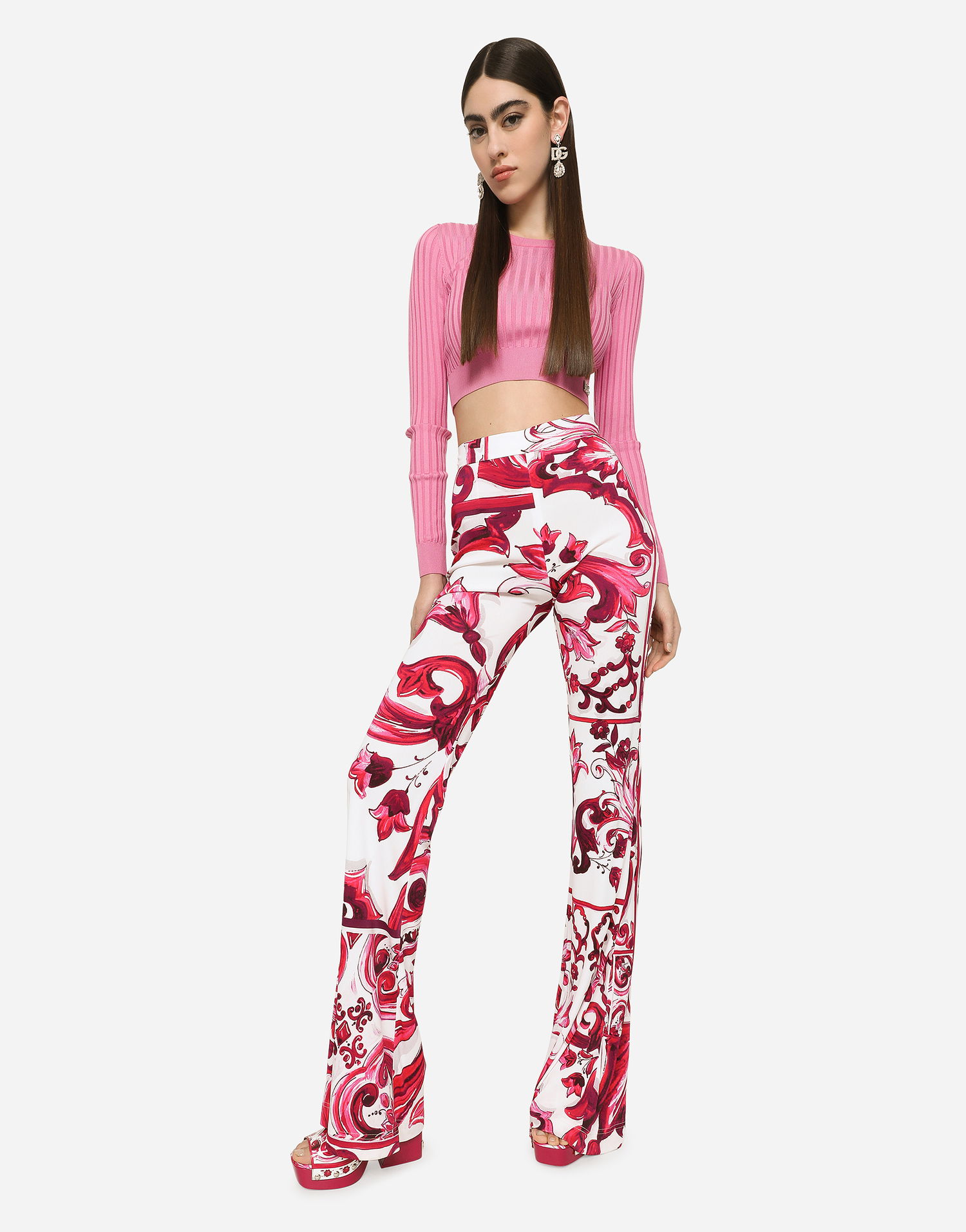Nohavice Dolce & Gabbana Flared Organza Pants with Majolica Print Biela | FTCVTTFS8C0HE3TN, 1
