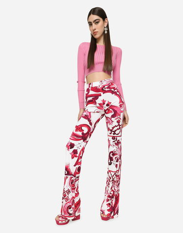 Nohavice Dolce & Gabbana Flared Organza Pants with Majolica Print Biela | FTCVTTFS8C0HE3TN, 1