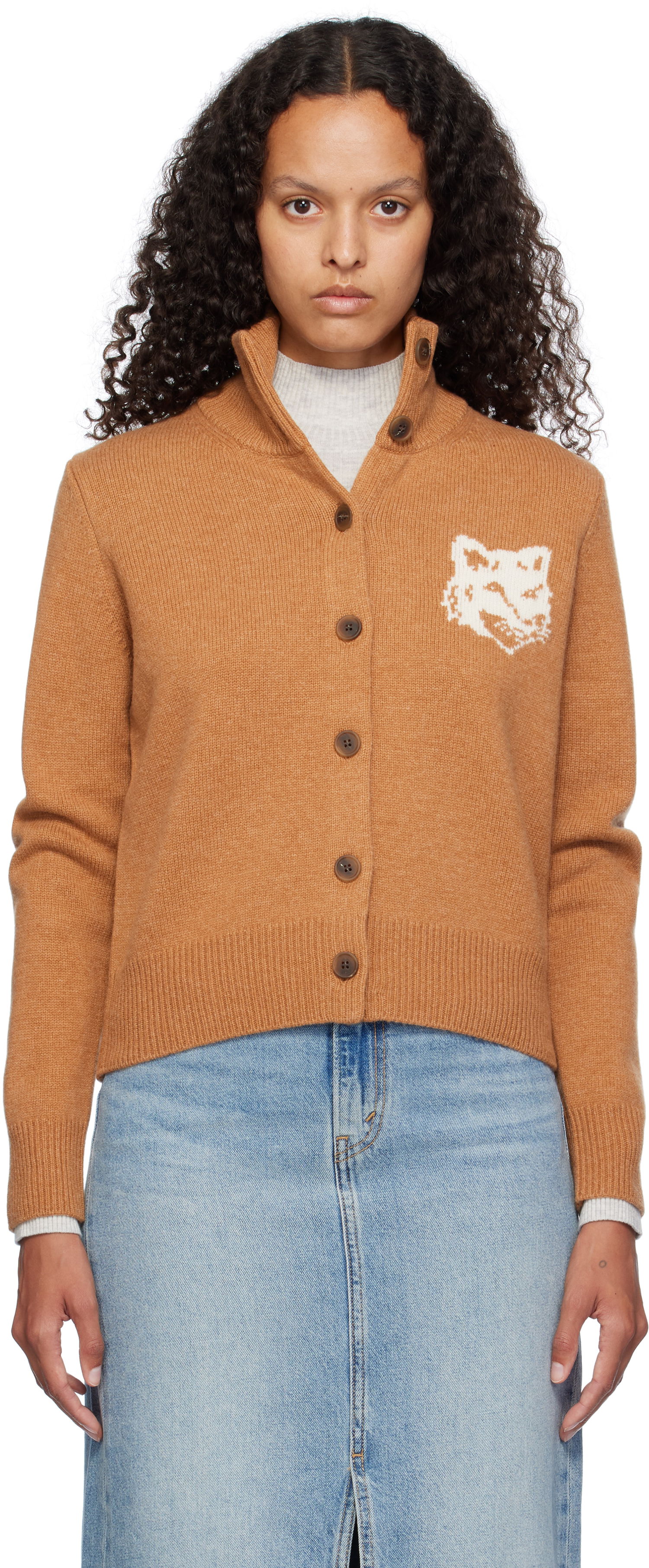 Sveter MAISON KITSUNÉ Fox Head Intarsia High Neck Cardigan Oranžová | NW00509KM0329, 0