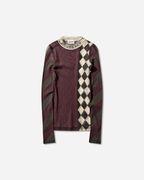 Mesh Patchwork Long-Sleeve Diagonal Stripe Diamond Pattern Top