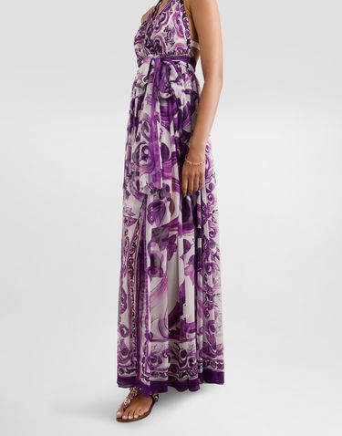 Šaty Dolce & Gabbana Dolce & Gabbana Majolica-Print Halter Neck Chiffon Dress Fialová | F6TYTTHI1BXIP3TN, 3