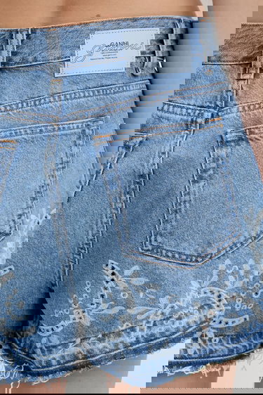 Šortky GANNI GANNI Broderie Anglaise High-Waist Denim Shorts Modrá | J1678, 4