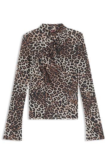 Košeľa BOSS Leopard Print Rollneck Top with Gathered Detail Hnedá | 50546248
