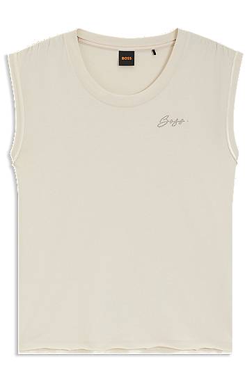 Tielko BOSS BOSS Cotton-Jersey Sleeveless Top with Logo Béžová | 50545521