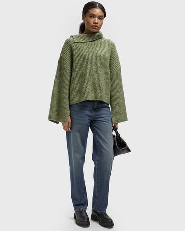 Sveter GANNI Melange Brushed Mohair Oversized Ribbed Knit Sweater with Asymmetric Buttoned Neck Zelené | K2556-753, 2