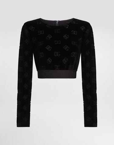 Crop Top Dolce & Gabbana Dolce & Gabbana Chenille Crop Top with Jacquard DG Logo Čierna | F778LTFJ7DLN0000, 0
