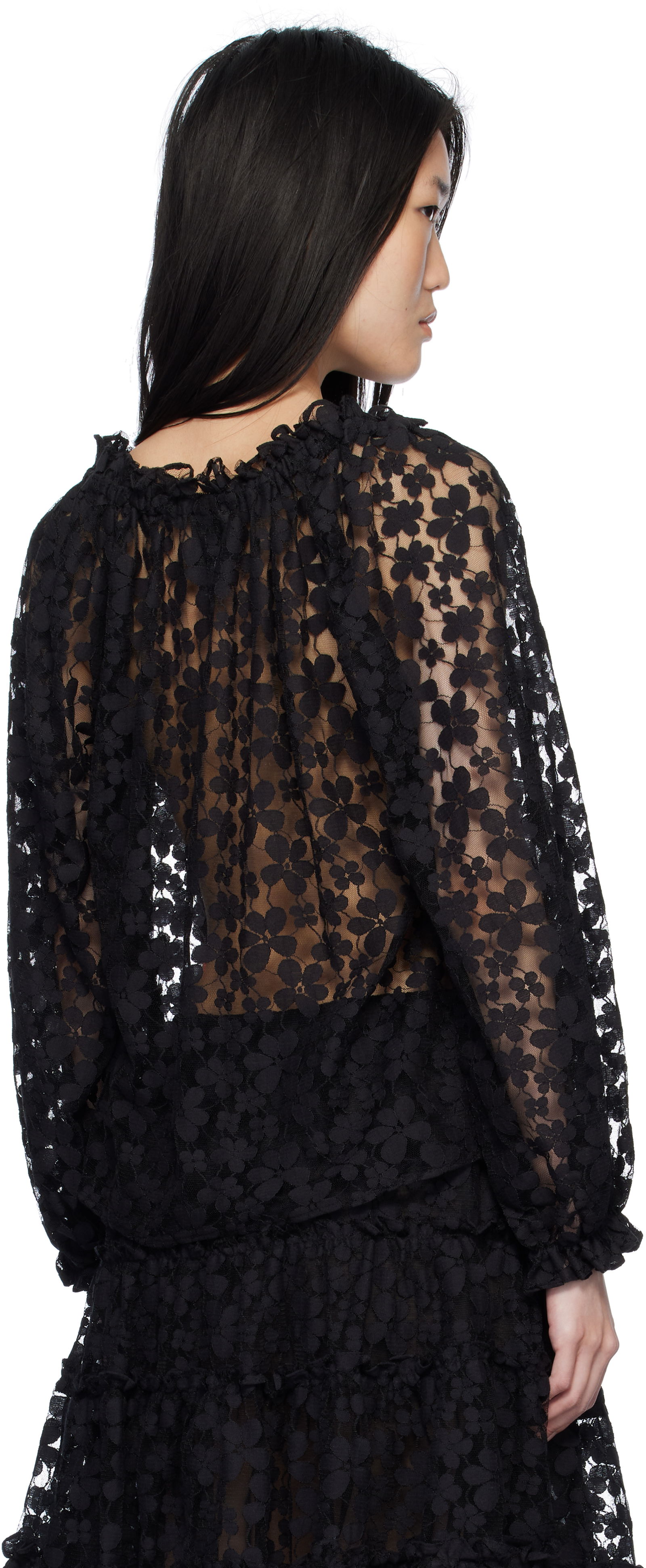 Shadow Blossom Elastic Lace Blouse