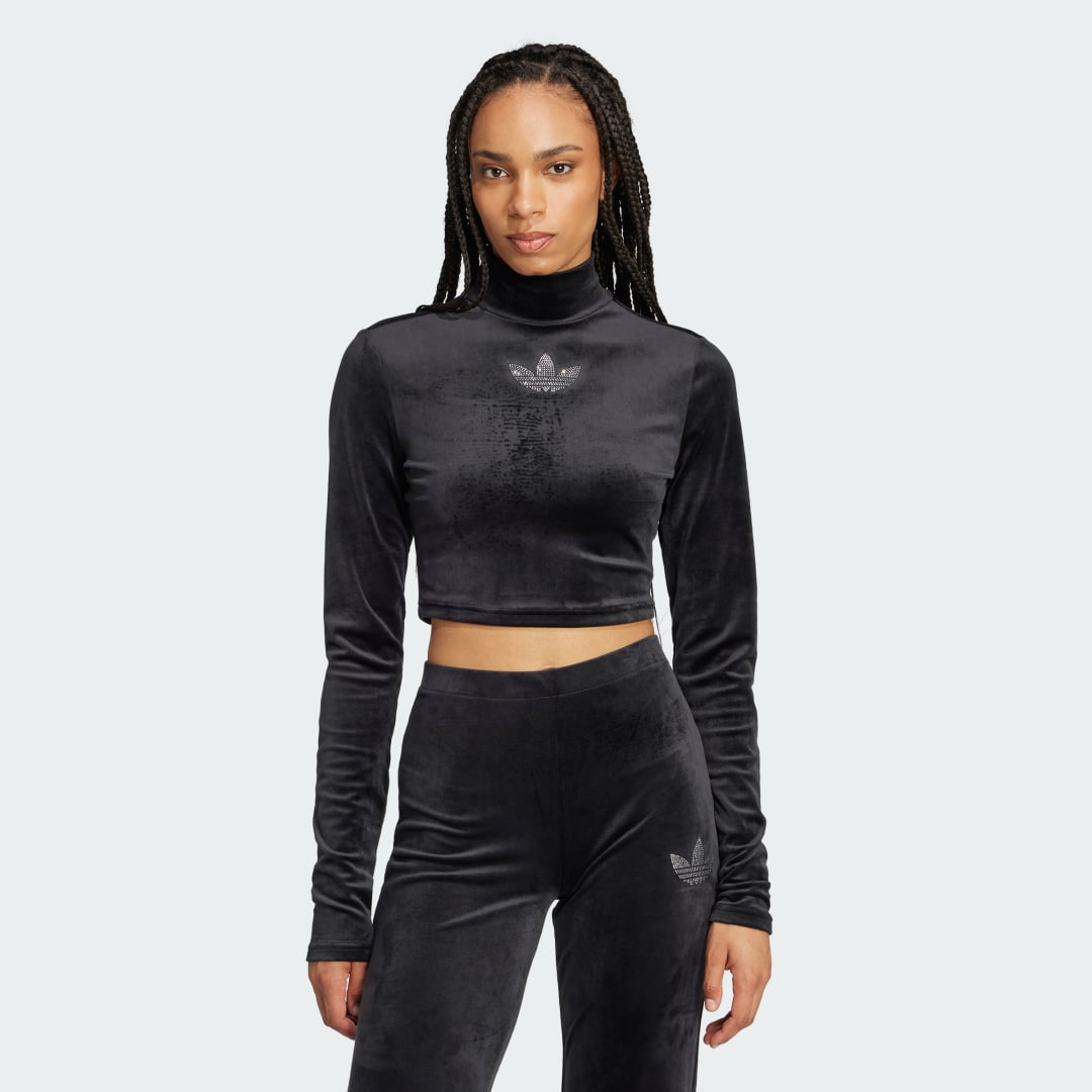 Long Sleeve Rhinestone Trefoil Velvet Crop Top