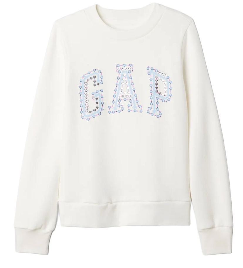 Mikina GAP Crewneck Sweatshirt with Sequin Hearts Applique Biela | 486515-02