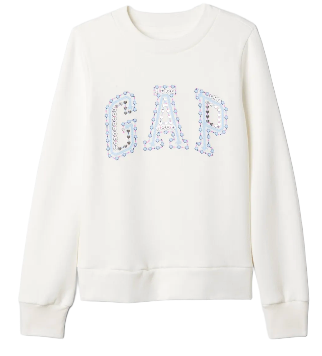 Mikina GAP Crewneck Sweatshirt with Sequin Hearts Applique Biela | 486515-02, 0