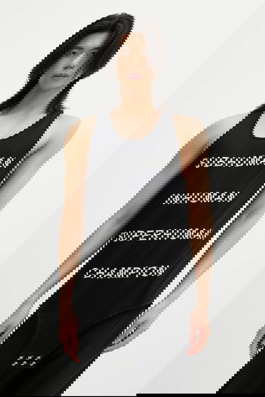 Tielko Rick Owens Rick Owens DRKSHDW Knitted Basketball Tank with Subhuman Inhuman Superhuman Champion Lettering Čierna | CM01E1678.CHJG, 0