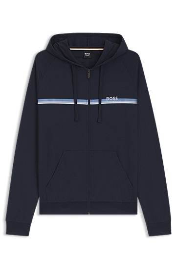 Mikina BOSS Cotton-terry zip-up hoodie with stripes and logo Navy | 50554785