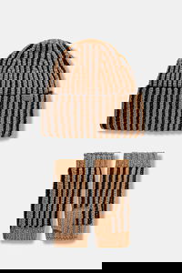 CHUNKY Knitted Striped Wool Blend Hat and Fingerless Gloves Set