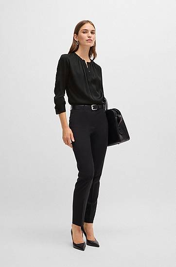 Košeľa BOSS Stretch-Silk Crepe de Chine Ruched-Neck Blouse Čierna | 50490058, 1