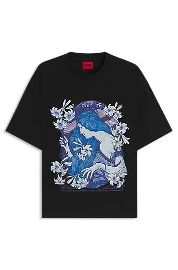 Tričko BOSS Cotton-jersey T-shirt with Art Nouveau woman and lily print Čierna | 50548466