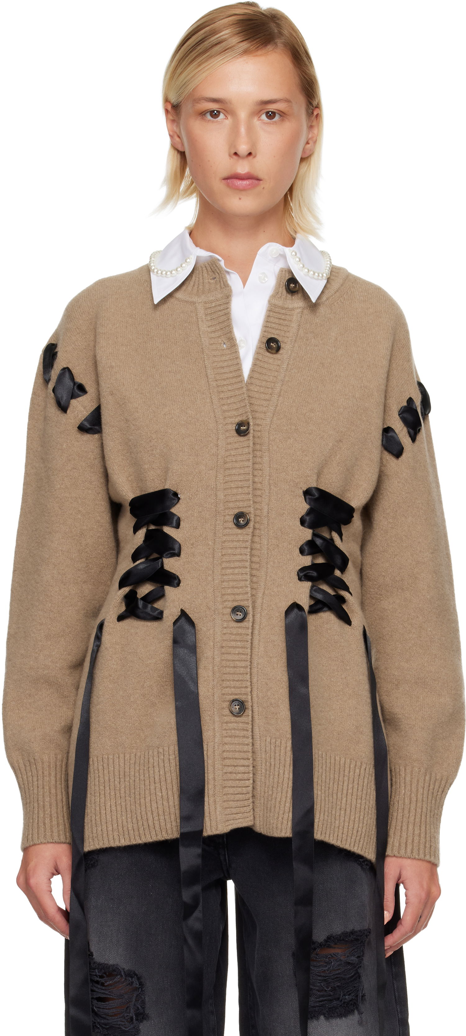 Sveter Simone Rocha Simone Rocha Sculpted Ribbon Corset Cardigan Béžová | LMK8 0660, 0