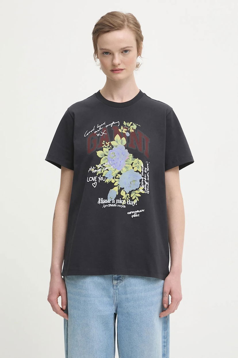 Tričko GANNI Basic Cotton Jersey Rose T-shirt Čierna | T4342