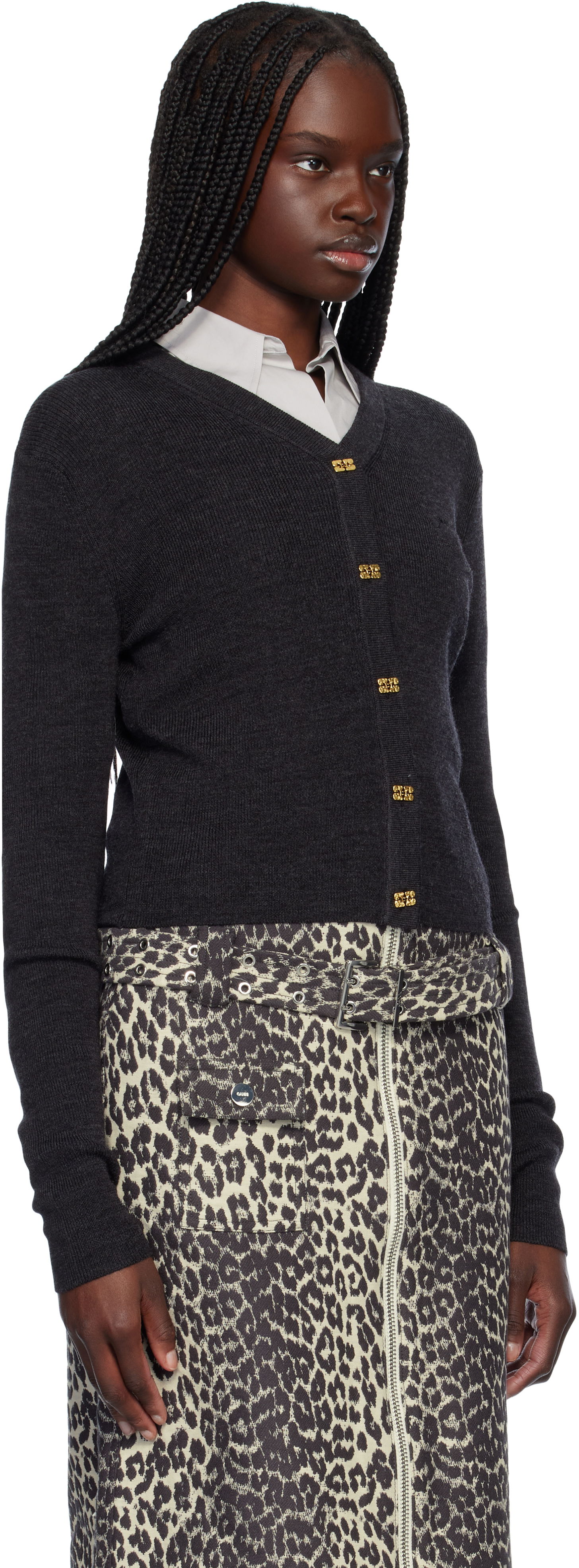 Sveter GANNI Ganni Mini Ribbed Merino Cardigan Šedá | K2474, 1