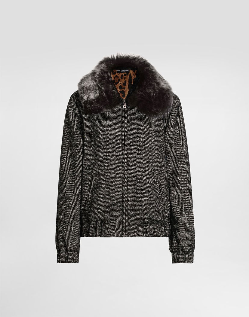 Bomber bunda Dolce & Gabbana Dolce & Gabbana Chevron Wool Bomber Jacket with Fur Collar Šedá | F9S93TFCBAJS8030