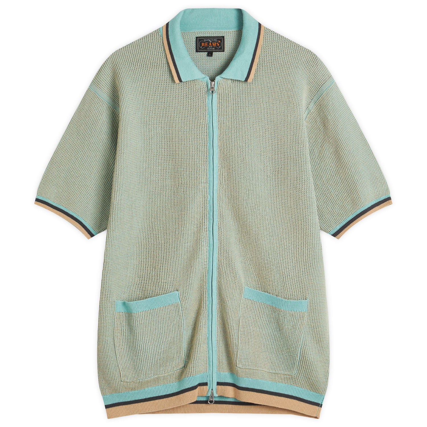 Polo tričko BEAMS Zip Knit Polo Shirt Tyrkysová | 3802-0045-156-70, 0