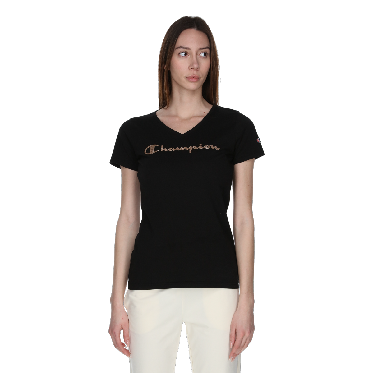 Tričko Champion V-Neck T-Shirt with Textured Script Print Čierna | 118191-KK001, 0