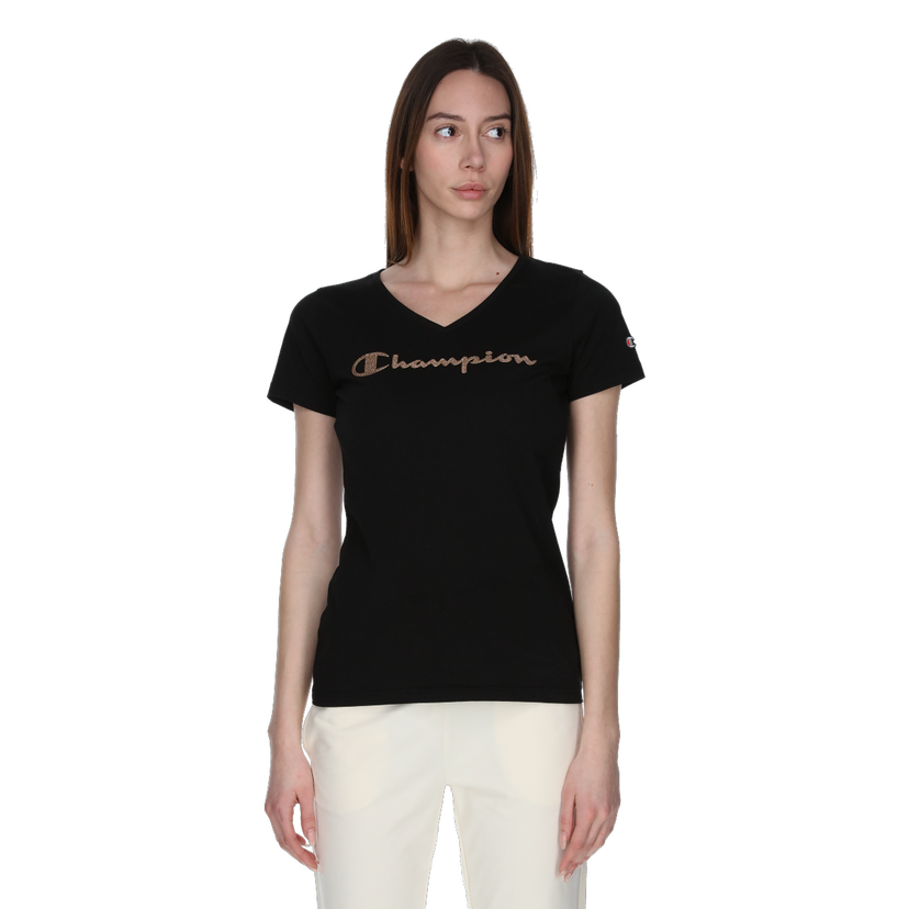 Tričko Champion V-Neck T-Shirt with Textured Script Print Čierna | 118191-KK001