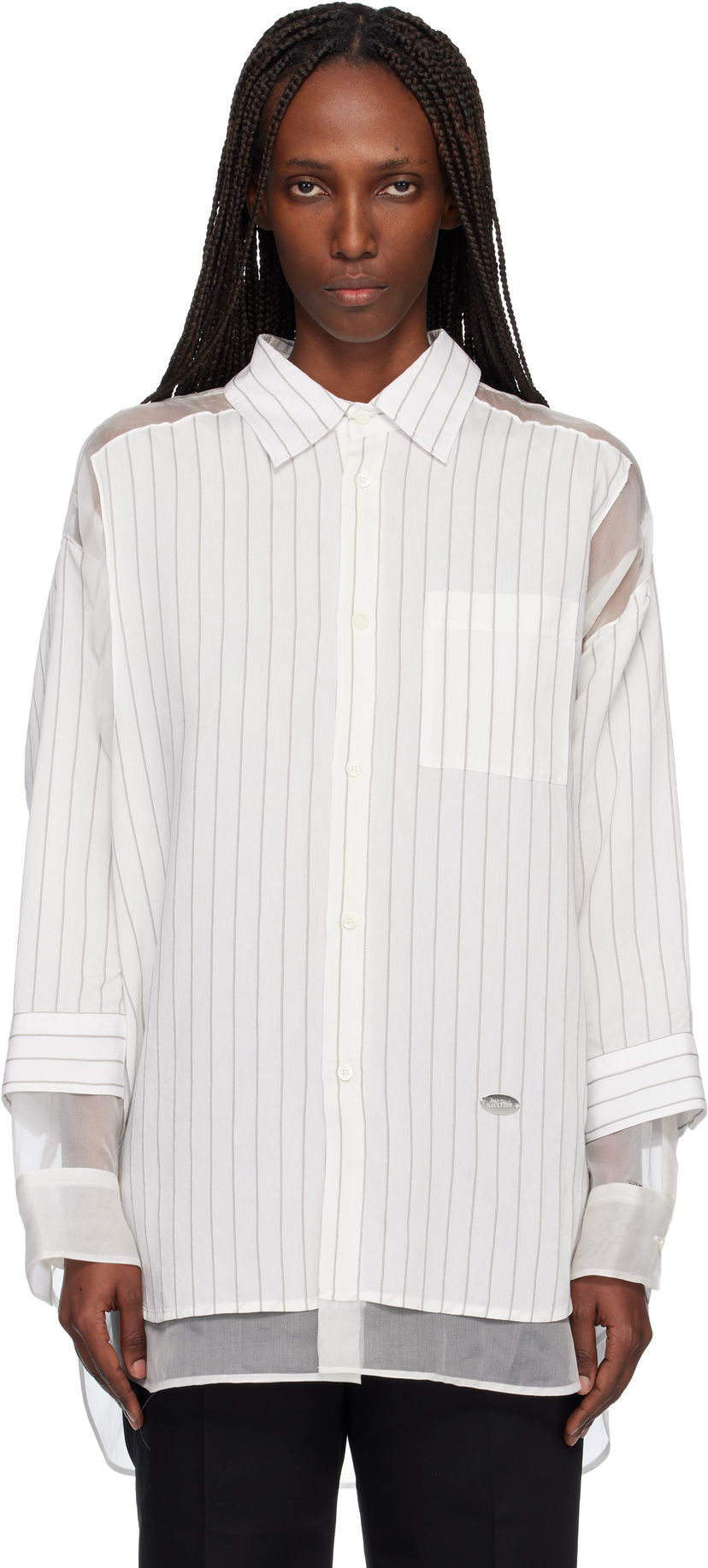 Košeľa Jean Paul Gaultier Pinstriped Long-Sleeve Button-Up Shirt with Sheer Panels Biela | 25/04-U-ST038-W038-0150