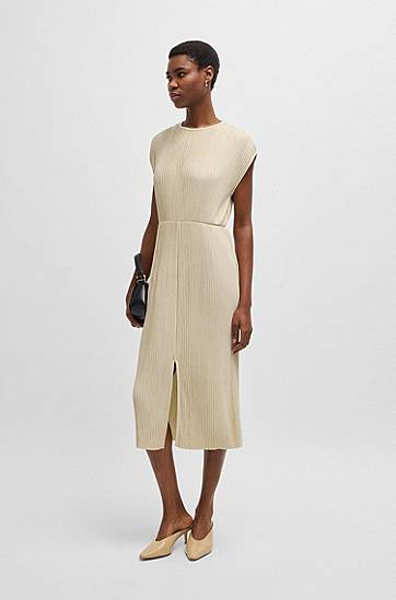Šaty BOSS Sleeveless Belted Plissé Midi Dress Béžová | 50521881, 1