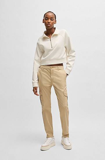 Sveter BOSS Cropped Cotton Terry Sweatshirt with Embroidered Logo Biela | 50537102, 1